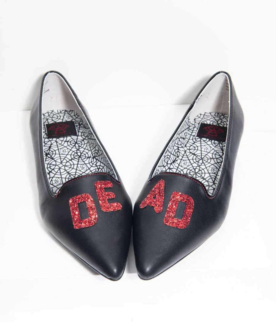 YRU (Strange Cvlt) Shoes Black Leatherette & Red Glitter Dagger Dead Pointed Toe Flats