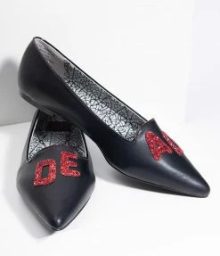 YRU (Strange Cvlt) Shoes Black Leatherette & Red Glitter Dagger Dead Pointed Toe Flats