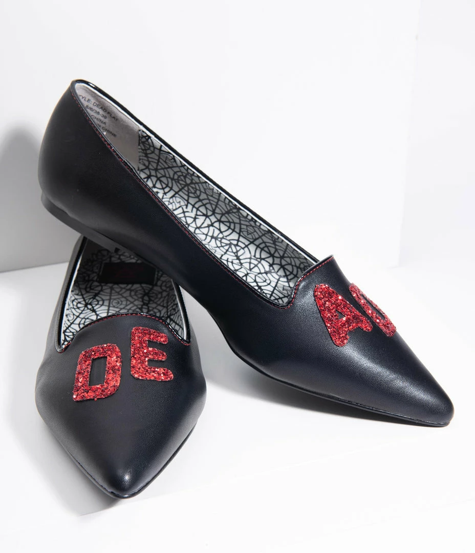 YRU (Strange Cvlt) Shoes Black Leatherette & Red Glitter Dagger Dead Pointed Toe Flats
