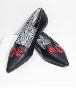 YRU (Strange Cvlt) Shoes Black Leatherette & Red Glitter Dagger Dead Pointed Toe Flats