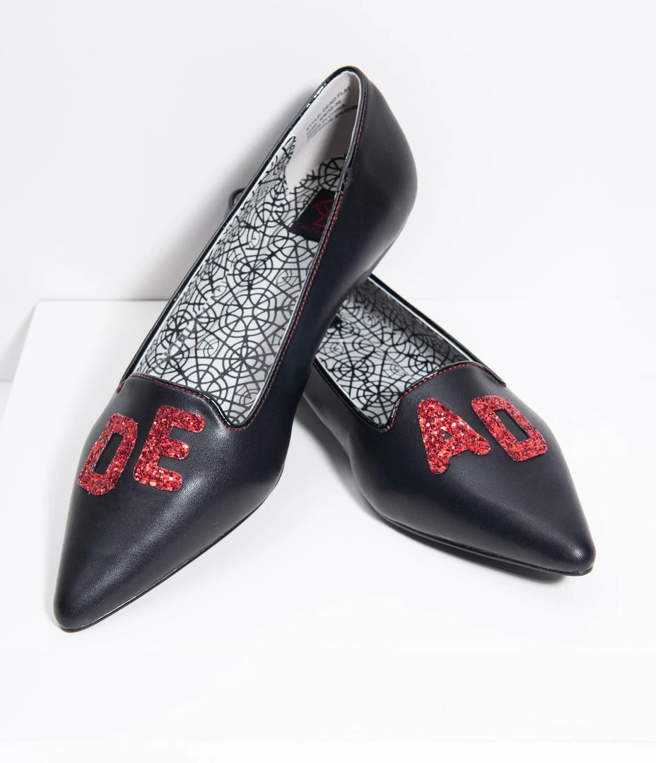 YRU (Strange Cvlt) Shoes Black Leatherette & Red Glitter Dagger Dead Pointed Toe Flats