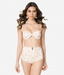 Kingdom & State Beige & White Giraffe Print Swim Bottoms Swimwear