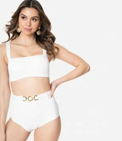 Kingdom & State 1970s White Texture Belted Swim Bottoms