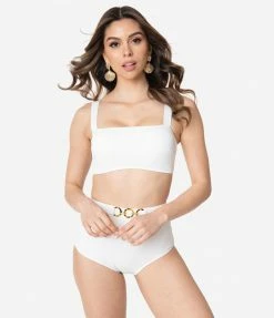 Kingdom & State 1970s White Texture Belted Swim Bottoms