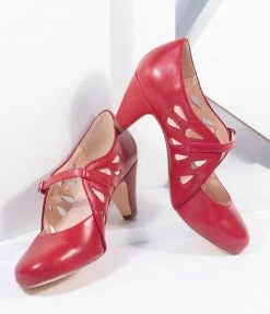 Demfon International (Chelsea Crew) 1950s Chelsea Crew Red Leatherette Cutout Lucy Heels