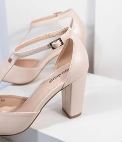 Unique Vintage Beige Leatherette T-Strap Astaire Pumps Unique Vintage Brand