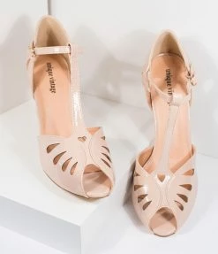 Unique Vintage Beige Patent Leatherette T-Strap Everly Pumps