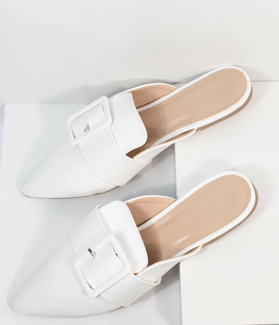 Legend Footwear (Wild Diva) Shoes Ivory Leatherette Buckle Mule Flats