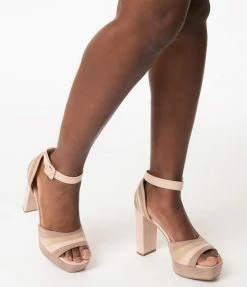 LA Shoe King Multi Beige & Brown Suede Peep Toe Pumps