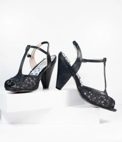 Ellie Shoes Bettie Page Black Lace Brooklyn T-Strap Heels