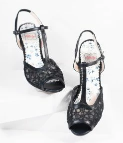 Ellie Shoes Bettie Page Black Lace Brooklyn T-Strap Heels