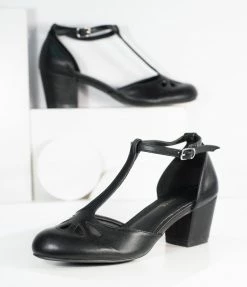 In Touch Footwear Black Leatherette Minny T-Strap Heels 1950s