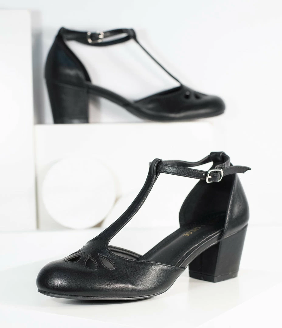 In Touch Footwear Black Leatherette Minny T-Strap Heels 1950s
