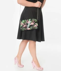 Ricki Designs Black & Pink Flamingo Tropical Beaded Envelope Clutch Accessories