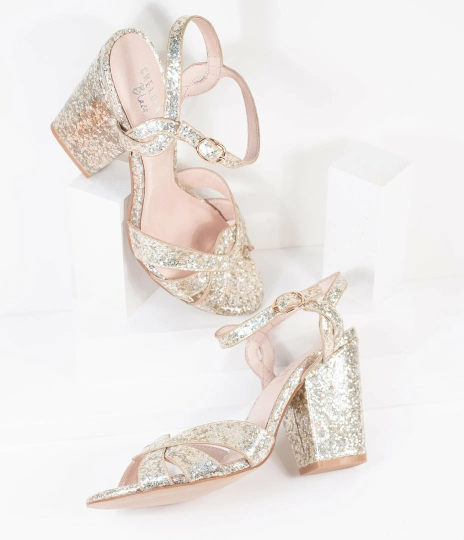 Demfon International (Chelsea Crew) Shoes Chelsea Crew Gold Chunky Glitter Peep Toe Marcella Heels