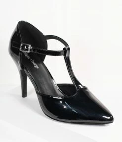 Unique Vintage Black Patent Leatherette T-Strap Heels