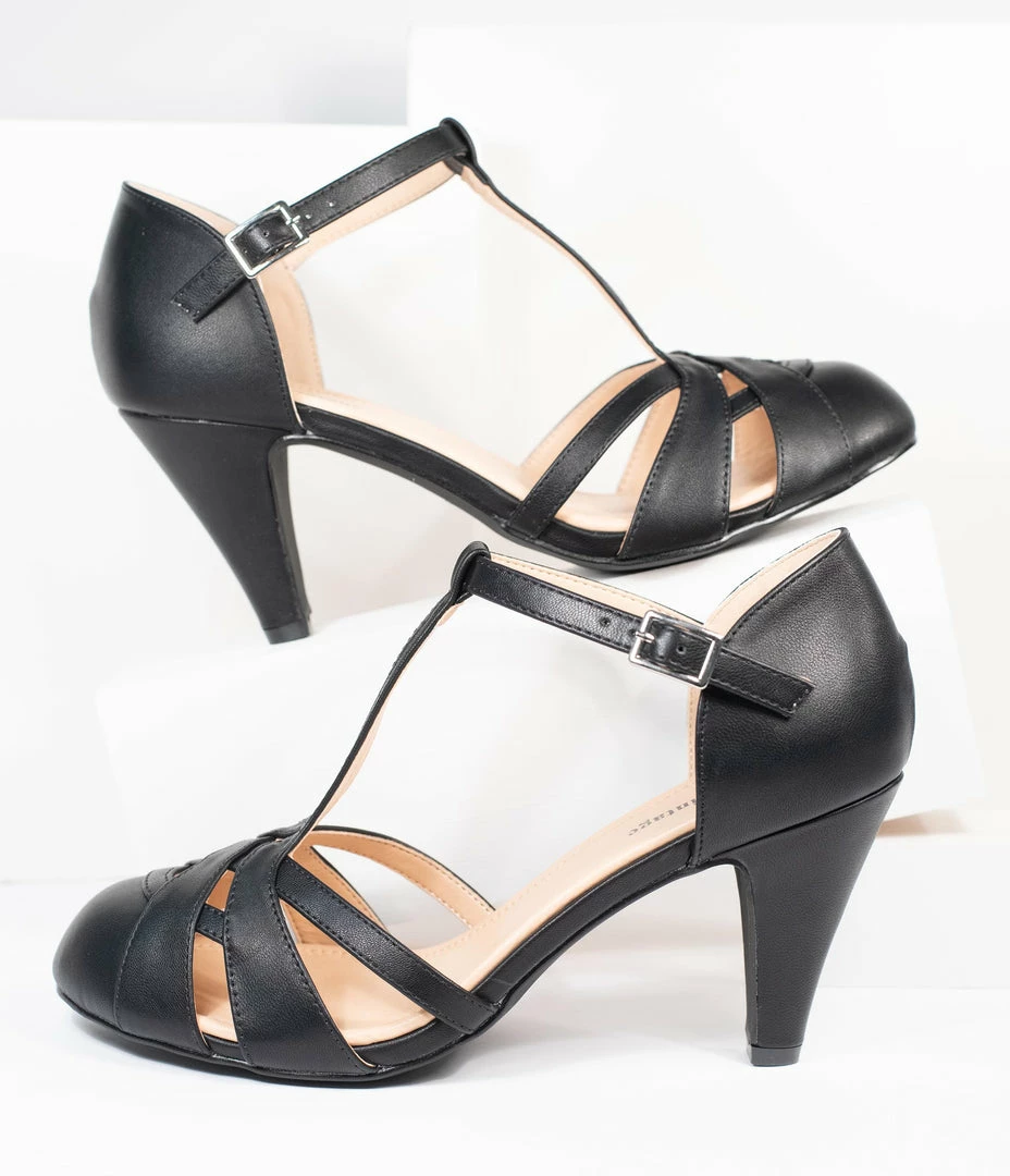 Unique Vintage Black Leatherette Woven T-Strap Heels Unique Vintage Brand