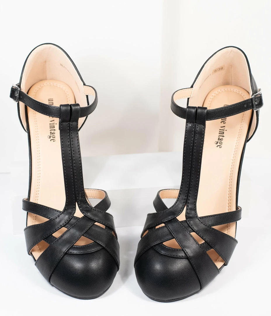 Unique Vintage Black Leatherette Woven T-Strap Heels Unique Vintage Brand