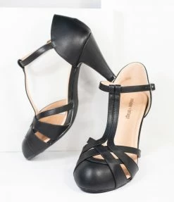 Unique Vintage Black Leatherette Woven T-Strap Heels Unique Vintage Brand