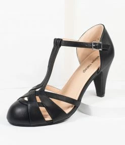 Unique Vintage Black Leatherette Woven T-Strap Heels Unique Vintage Brand