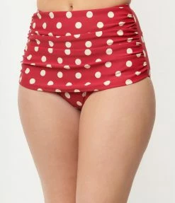 Swimwear Esther Williams 1950s Retro Red & Ivory Dot High Waist Swim Bottoms