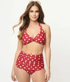 Swimwear Esther Williams 1950s Retro Red & Ivory Dot High Waist Swim Bottoms