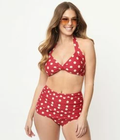 Swimwear Esther Williams 1950s Retro Red & Ivory Dot High Waist Swim Bottoms