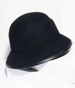 1930s & 1940s Unique Vintage Black Wool Bow Cloche Hat