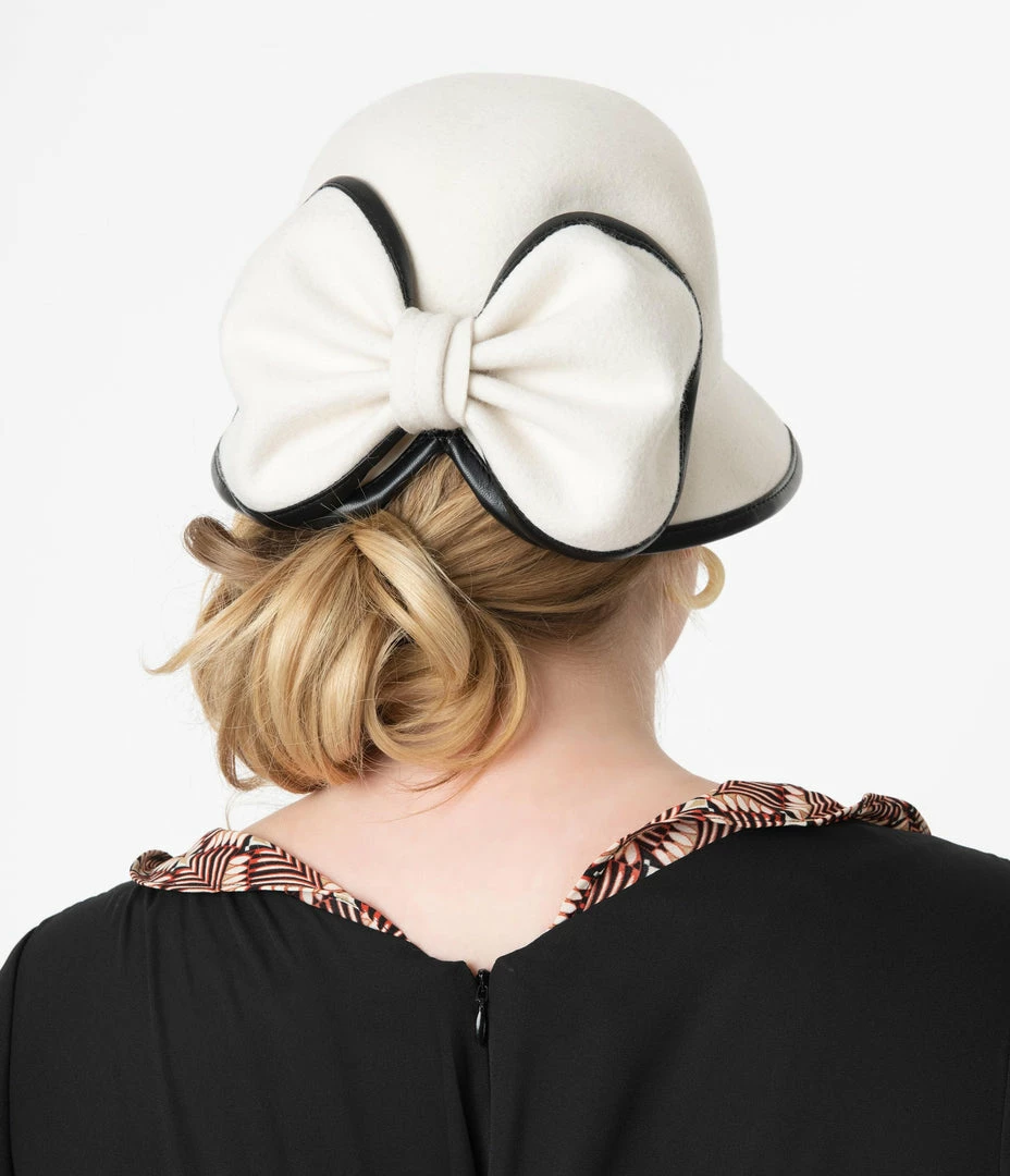 Unique Vintage White Wool Bow Cloche Hat 1950s