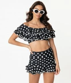 Swimwear Unique Vintage Black & White Polka Dot Off Shoulder Myrtle Swim Top