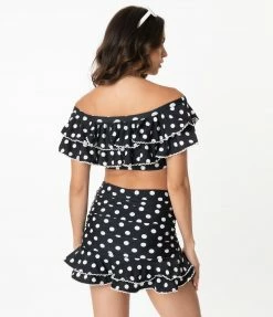 Swimwear Unique Vintage Black & White Polka Dot Off Shoulder Myrtle Swim Top