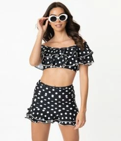 Swimwear Unique Vintage Black & White Polka Dot Off Shoulder Myrtle Swim Top