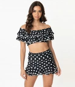 Swimwear Unique Vintage Black & White Polka Dot Off Shoulder Myrtle Swim Top
