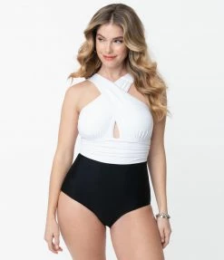 Unique Vintage Black & White Colorblock Halter Hampton Swimsuit