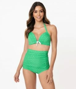 Swimwear Unique Vintage Green & White Pin Dot Monroe High Waist Swim Bottom