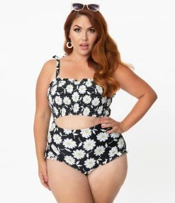 Unique Vintage Black & White Daisy Print Cut Out Fontainebleau Swimsuit Swimwear