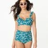 Unique Vintage Teal & White Floral Print Southampton Swim Top