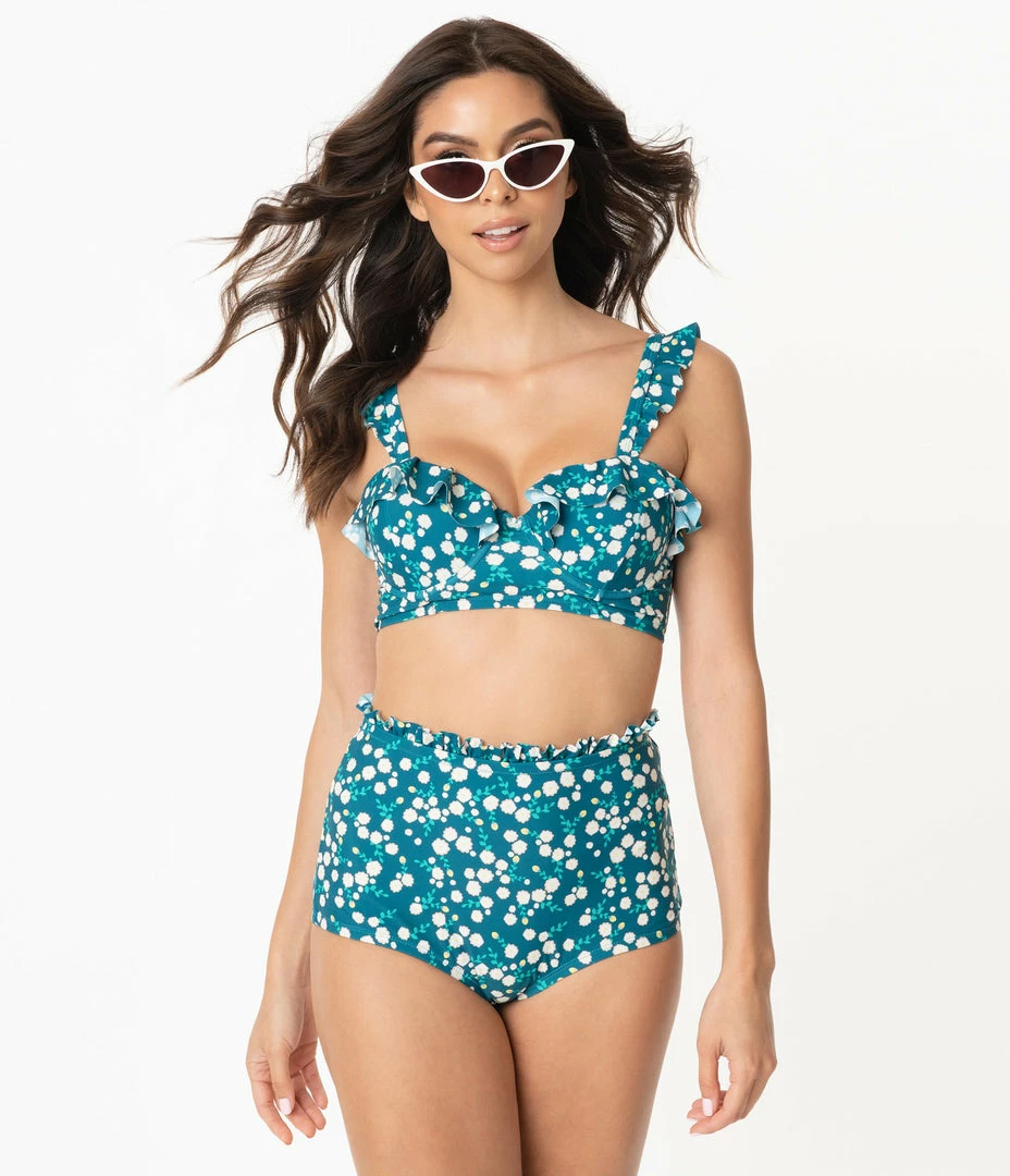 Unique Vintage Teal & White Floral Print Southampton Swim Top