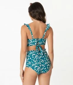 Unique Vintage Teal & White Floral Print Southampton Swim Top