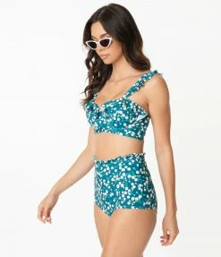 Unique Vintage Teal & White Floral Print Southampton Swim Top