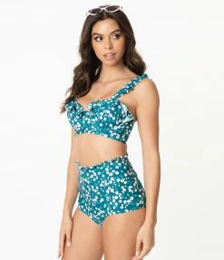 Unique Vintage Teal & White Floral Print Southampton Swim Top