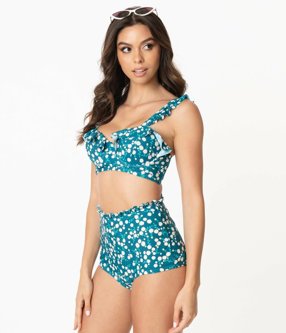 Unique Vintage Teal & White Floral Print Southampton Swim Top