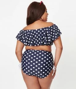 Unique Vintage Plus Size Navy & White Polka Dot Provincetown Swim Bottom Swimwear