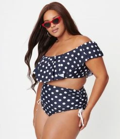 Unique Vintage Plus Size Navy & White Polka Dot Provincetown Swim Bottom Swimwear