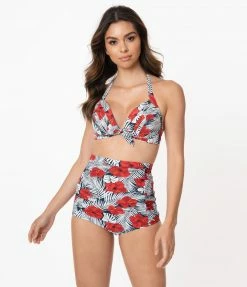 Swimwear Unique Vintage Tropical Print & Red Hibiscus Monroe Halter Swim Top