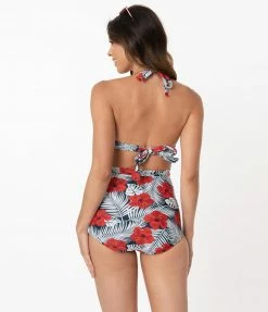 Swimwear Unique Vintage Tropical Print & Red Hibiscus Monroe Halter Swim Top