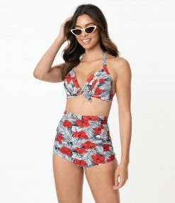 Swimwear Unique Vintage Tropical Print & Red Hibiscus Monroe Halter Swim Top