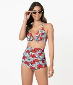 Swimwear Unique Vintage Tropical Print & Red Hibiscus Monroe Halter Swim Top