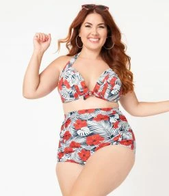 Unique Vintage Plus Size Tropical Print & Red Hibiscus Monroe Halter Swim Top Swimwear