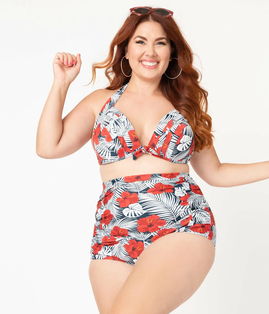 Unique Vintage Plus Size Tropical Print & Red Hibiscus Monroe Halter Swim Top Swimwear